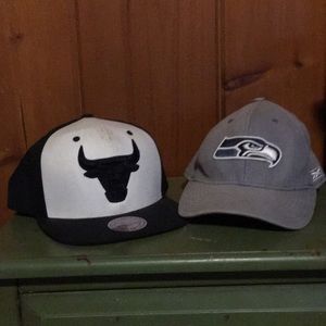 Chicago Bulls and Seattle Seahawks hats.